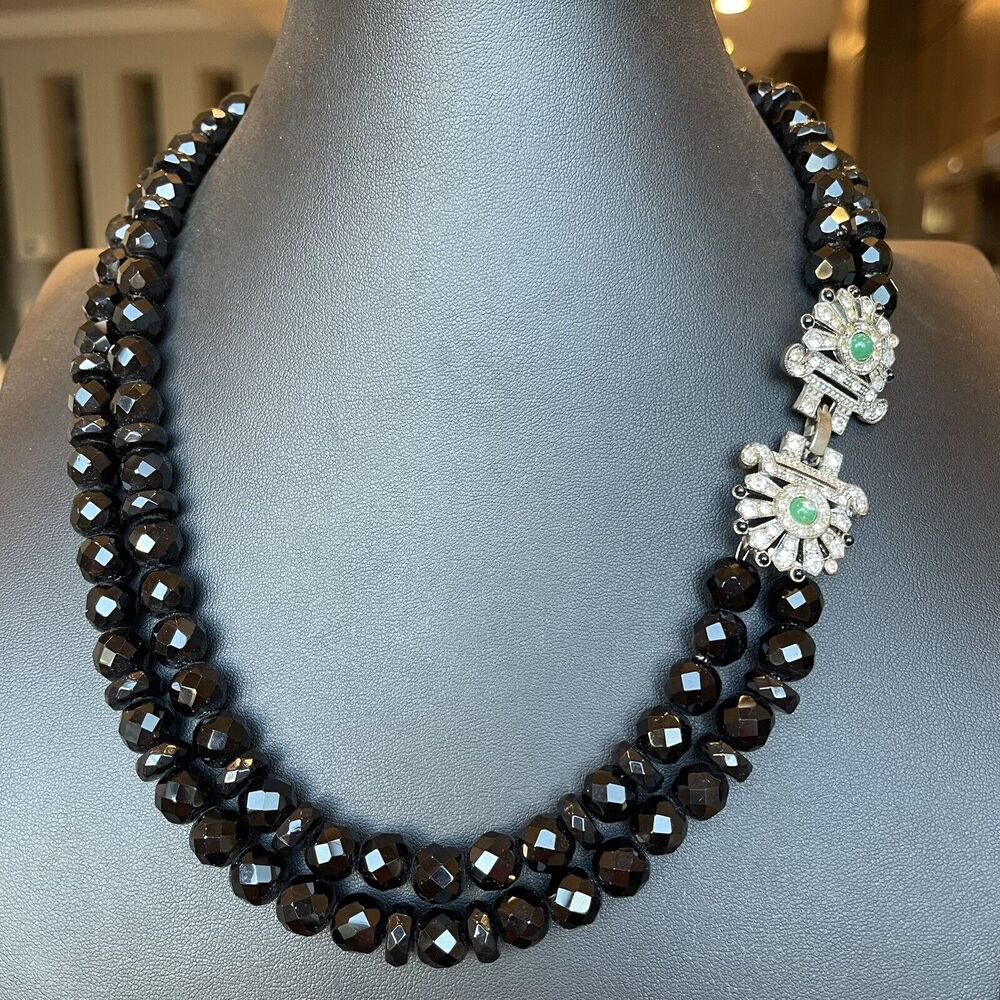 Vintage Art Deco Clear Rhinestone Clasp Black Faceted Glass Brad Necklace READ